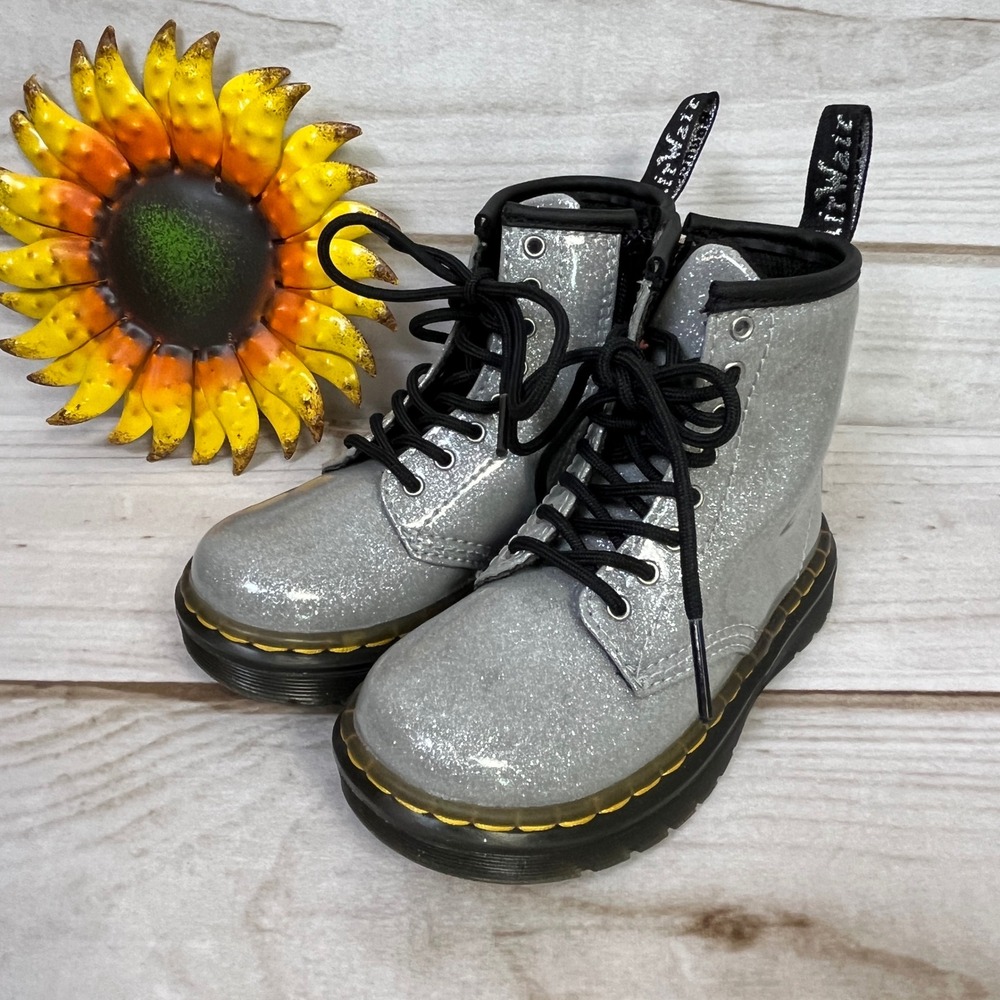 Dr. Martens 1460 Toddler Silver Glitter Lace Up Side Zip Boots Size 8C US